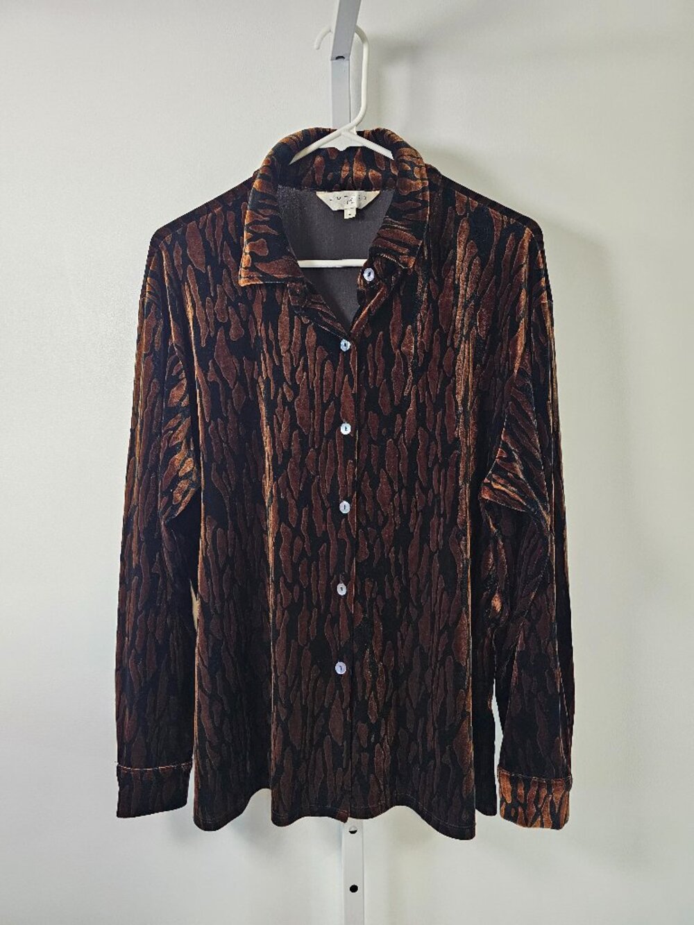 Vintage Outfit JPR Blouse Black Brown Velvet Button UP Grunge Goth Abstract L